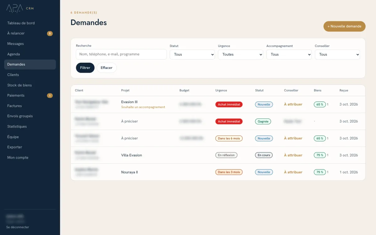 Liste des demandes dans le CRM APA Agency