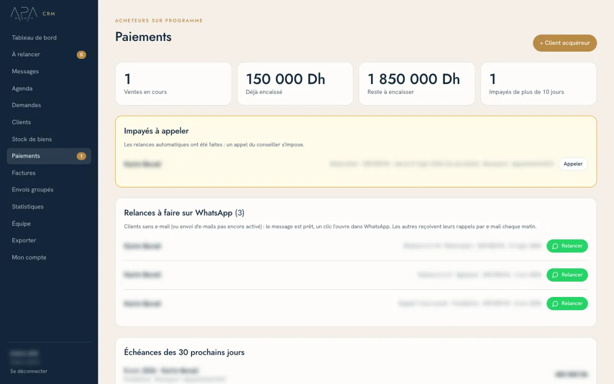 Suivi des paiements et échéanciers dans le CRM
