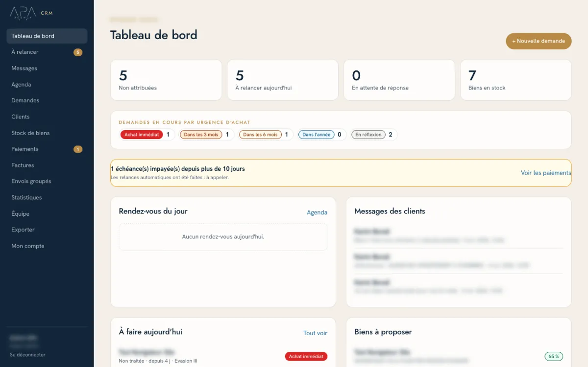 Tableau de bord du CRM APA Agency