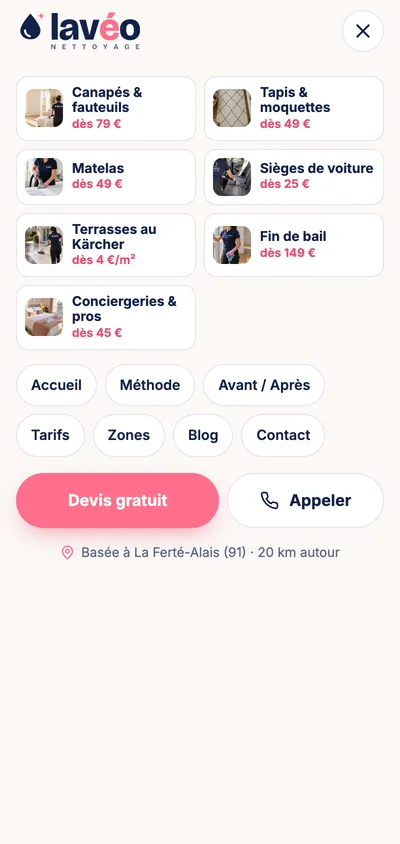 Menu mobile Lavéo Nettoyage