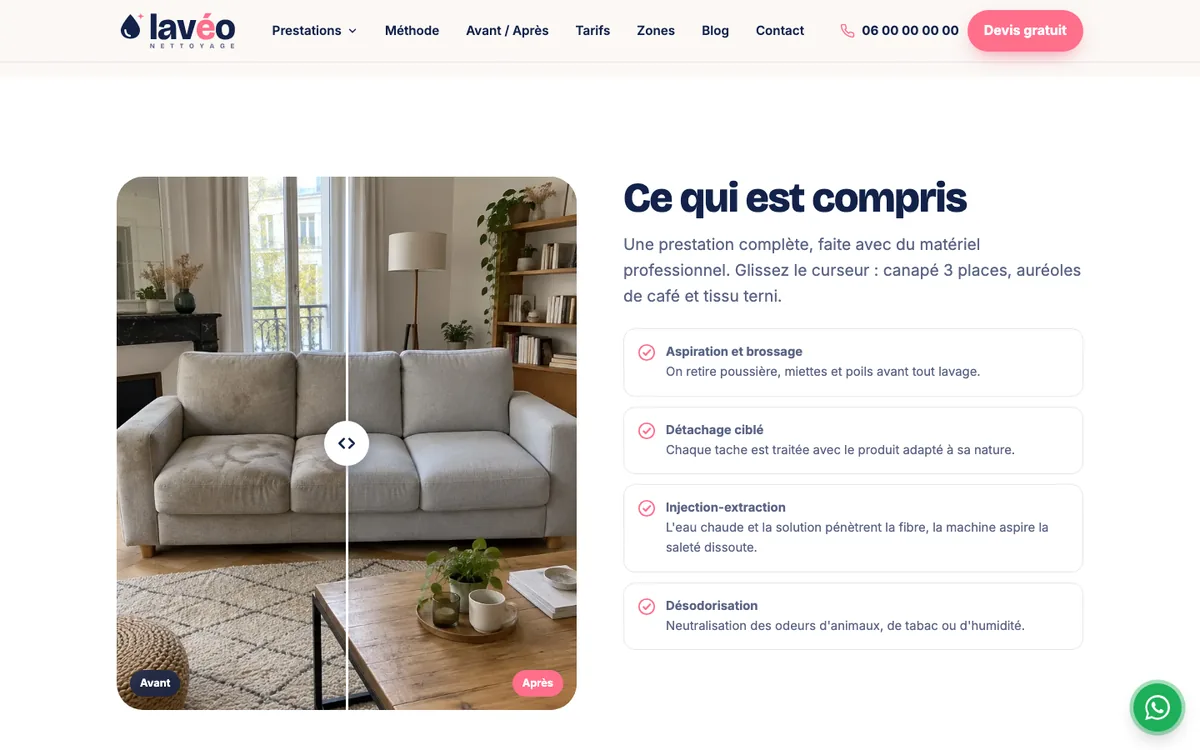 Page prestation nettoyage de canapé