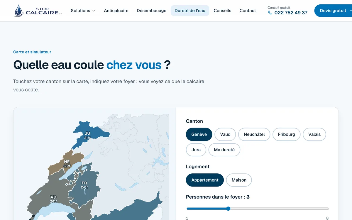Carte des cantons et simulateur de duret&eacute; de l&rsquo;eau